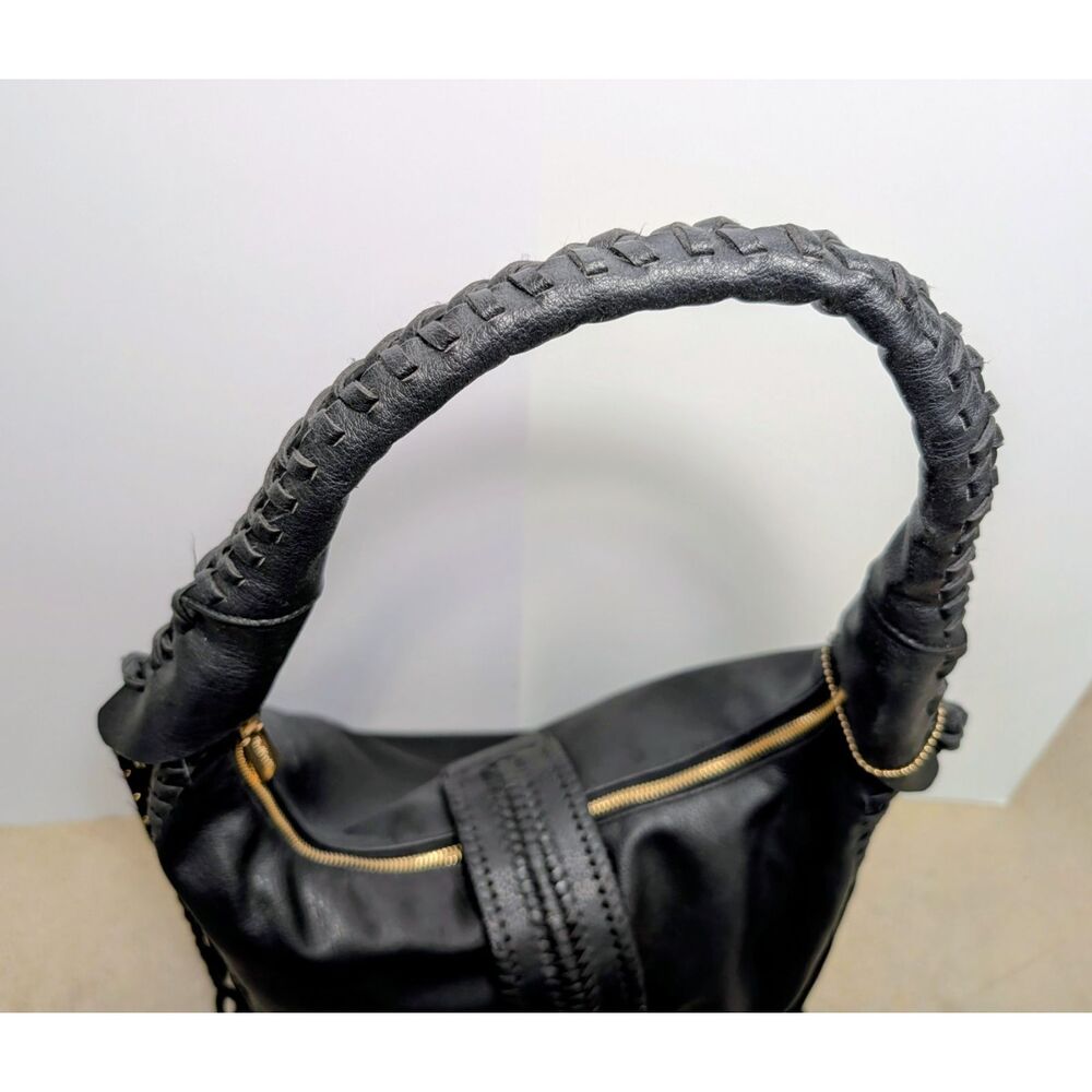 Big Buddha Black Vegan Leather Hobo Bag Whipstitch Tassels Braided Strap Boho - Picture 4 of 16